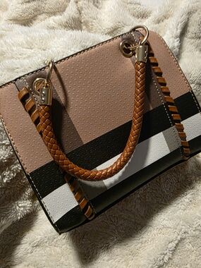Woven Handle Colorblock Satchel Bag - Brown, Black & White